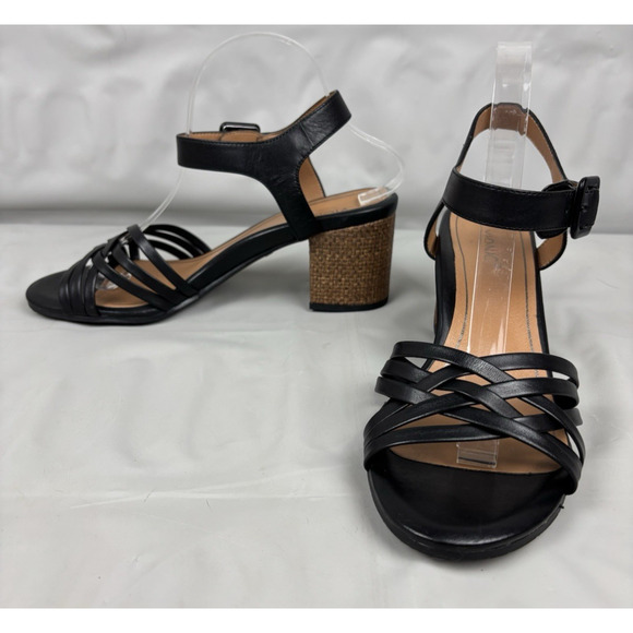 Vionic Peony Nat Leather Strappy Sandals Open Toe Womens 10 Black Woven - Picture 1 of 14